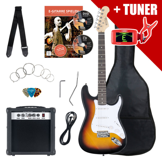 Produktbild von Rocktile Banger's Pack E-Gitarren Set Sunburst inkl. Verstärker, Tasche, Stimmgerät, Kabel, Gurt, Saiten und Schule inkl. CD/DVD
