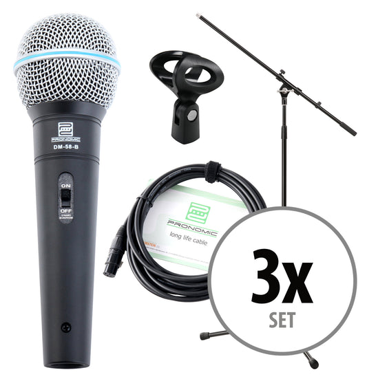 Produktbild von Pronomic DM-58-B Vocal Mikrofon Starter Set 3x Mikro, XLR Kabel, Klemme, Stativ