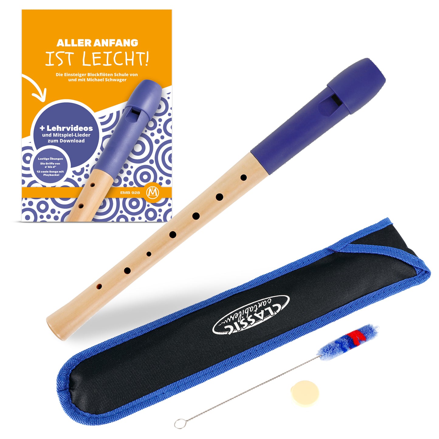 Produktbild von Classic Cantabile Pivella Blockflöte deutsch blau Set inkl. Flötenschule "Aller Anfang ist leicht"