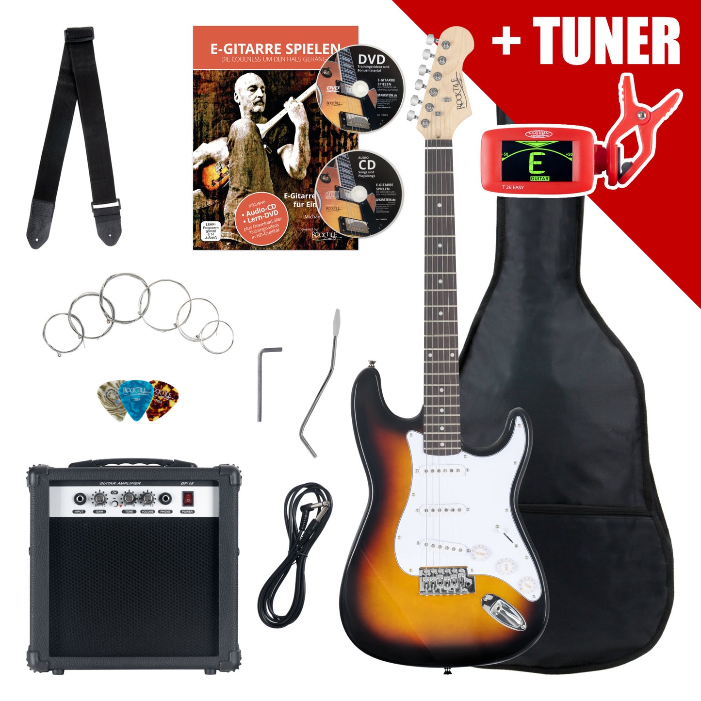 Produktbild von Rocktile Banger's Pack E-Gitarren Set Sunburst inkl. Verstärker, Tasche, Stimmgerät, Kabel, Gurt, Saiten und Schule inkl. CD/DVD