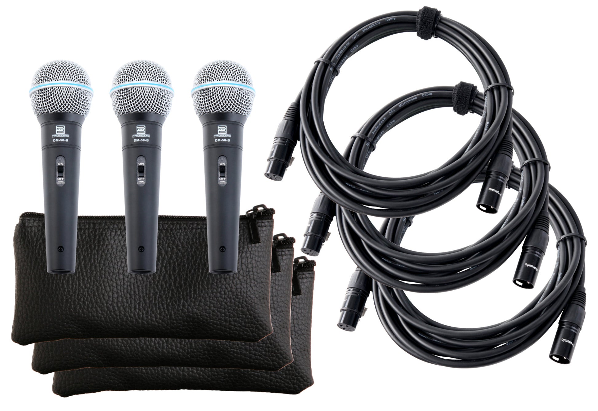 Produktbild von Pronomic DM-58-B Vocal Mikrofon mit Schalter 3er SET inkl. 3x 5m XLR-Kabel