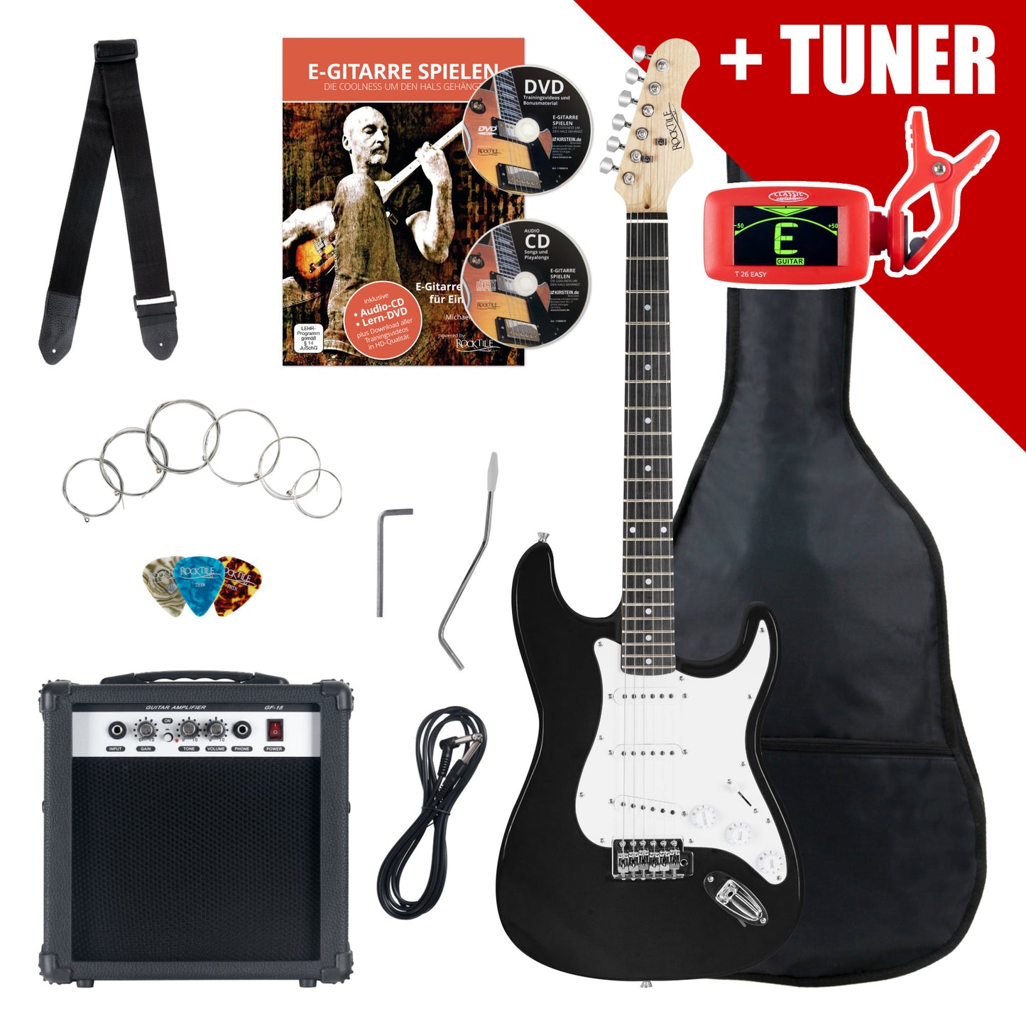 Produktbild von Rocktile Banger's Pack E-Gitarren Set Black inkl. Verstärker, Tasche, Stimmgerät, Kabel, Gurt, Saiten und Schule inkl. CD/DVD