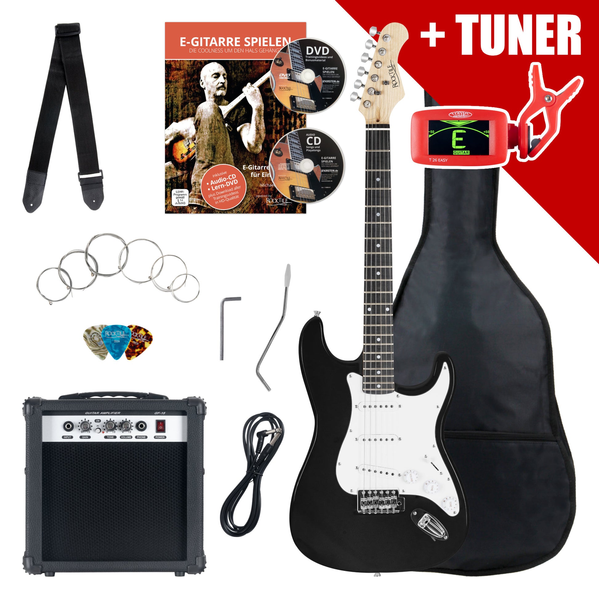 Produktbild von Rocktile Banger's Pack E-Gitarren Set Black inkl. Verstärker, Tasche, Stimmgerät, Kabel, Gurt, Saiten und Schule inkl. CD/DVD