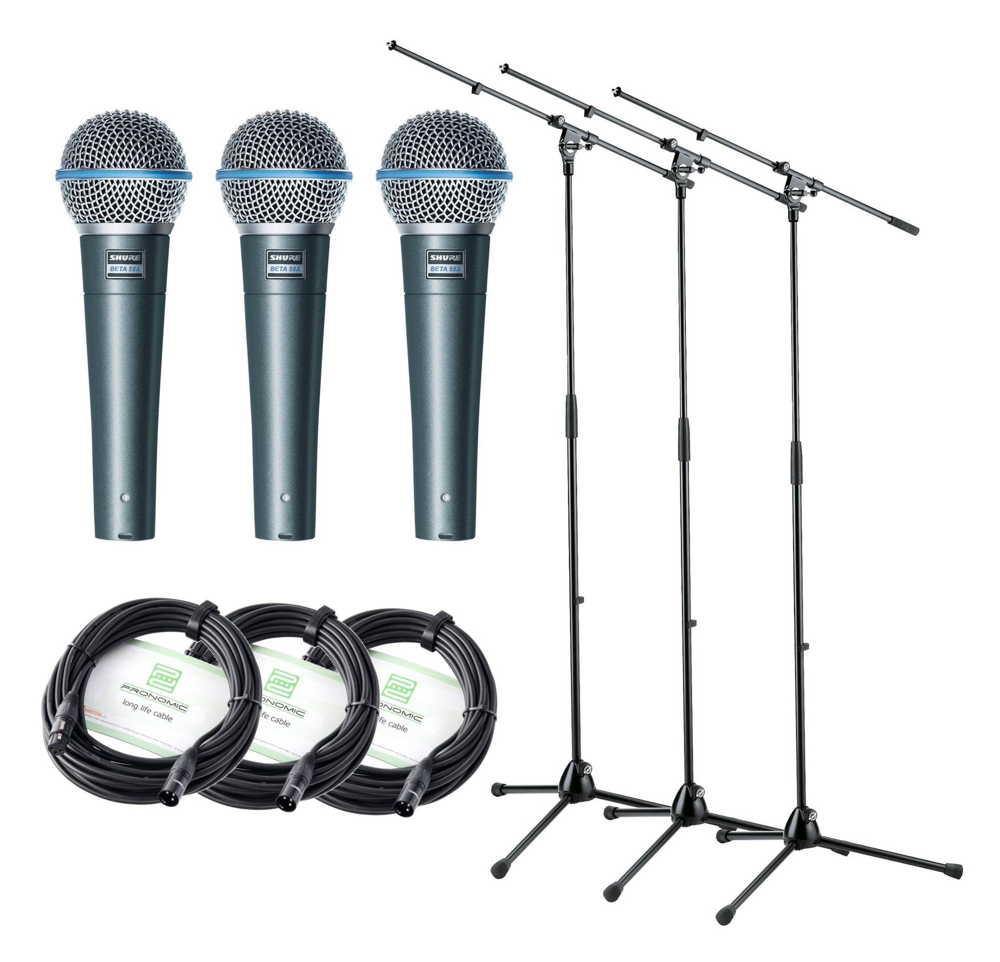 Produktbild von Shure Beta 58A Mikrofon 3x3 Set+ Ständer+ Kabel 3 Mikrofone